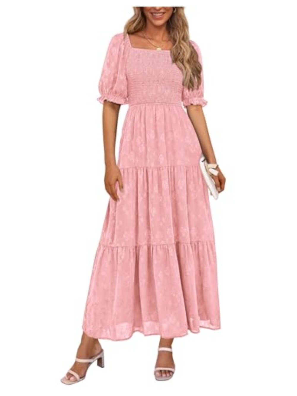 Women's Smocked A-Line Floral Midi Dress Square Neck Short Sleeve Boho Summer